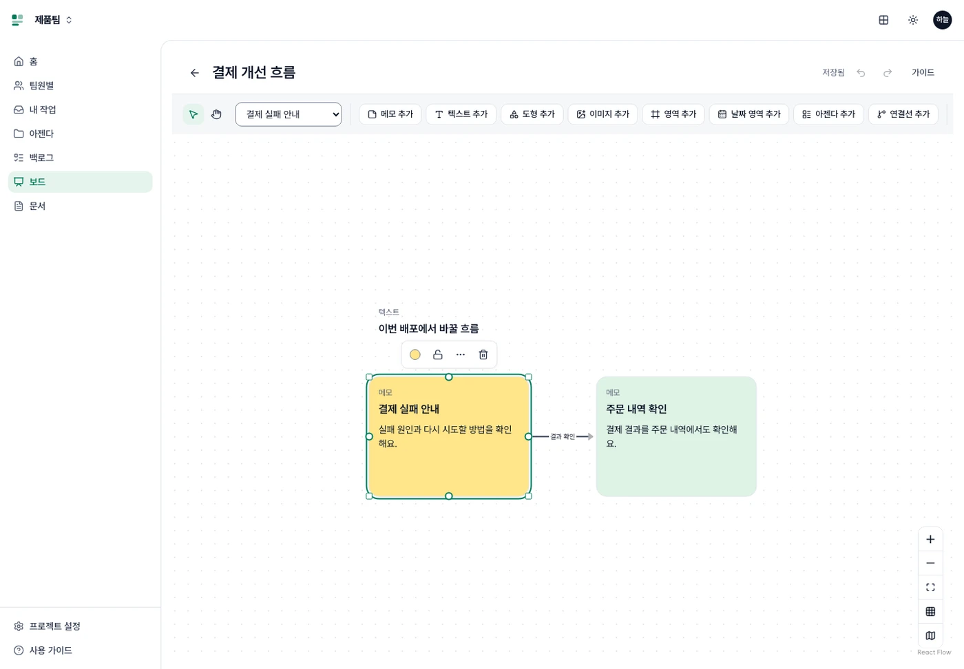 메모 두 개를 연결선으로 이은 공동 보드에서 고른 메모 위에 색·잠금·더보기·삭제 도구가 뜬 모습