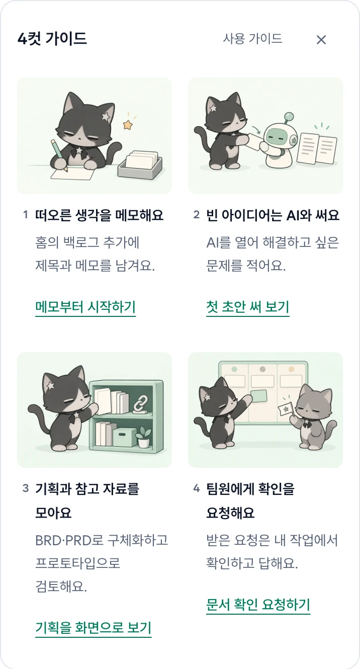 4컷 가이드. 백로그 메모·AI 초안·기획과 프로토타입·팀 확인 안내 링크